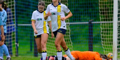 Goal celebrations for  Beth Everson of Torquay United Women during the South West Regional Womens Football League  Match between AEK Boco Women and Torquay United Women at The Shield Pavilion on 3 May 2026. Photo: Tom Sandberg/PPAUK
