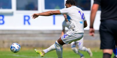 Goal celebrations for Deon Moore of Torquay United during the Pre Season Friendly match between Brixham AFC and Torquay United at Wall Park, Brixham, Devon on Saturday 11 July 2026. Photo: Frankie OKeeffe/PPAUK