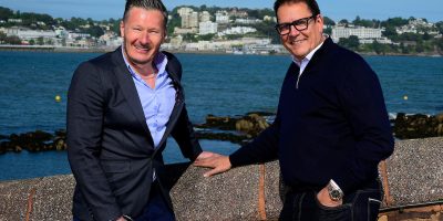 Pictured L to R: Mark Bowes-Cavanagh of The Bryn Consortium and Co-Chairman of Torquay United with Michael Westcott of The Bryn Consortium and Co-Chairman of Torquay United during The Bryn Consortium press call at Livermead Cliff Hotel, Torquay, Devon on Tuesday 14th May 2024 - PHOTO: Phil Mingo/PPAUK
