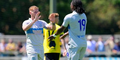 Goal celebrations for Isaac Wesetndorf of Torquay United during the Pre Season Friendly match between Buckland Athletic and Torquay United at The VX3 Stadium, Homers Heath, Newton Abbot, Devon on Saturday 4 July 2026. Photo: Frankie OKeeffe/PPAUK