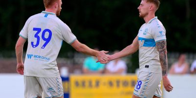 Goal celebrations for Callum Morton of Torquay United during the Pre Season Friendly match between Cullompton Rangers and Torquay United at Adopstar Park, Cullompton, Devon on Tuesday 7 July 2026. Photo: Frankie OKeeffe/PPAUK