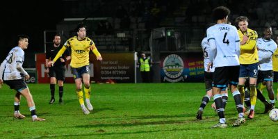 Goal celebrations for Sam Dreyer of Torquay United after scoring their side's 3rd goal for 2-3 during the National League South Match between Dover Athletic and Torquay United at Crabble Athletic Ground, Dover on 3 February 2026 (Photo: Alan Stanford/PPAUK)
