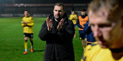 Paul Wotton Manager of Torquay United thanks their fans after the National League South Match between Dover Athletic and Torquay United at Crabble Athletic Ground, Dover on 3 February 2026 (Photo: Alan Stanford/PPAUK)