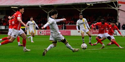 Jordan Young of Torquay United during the Vanarama National League South match between Ebbsfleet United and Torquay United at Kuflink Stadium, Gravesend, Kent on the 7 March 2026. Photo: Alan Stanford/PPAUK.