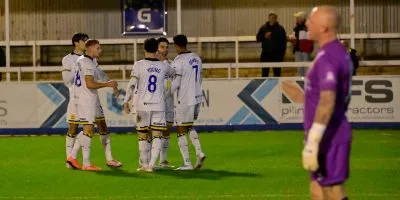 Goal celebrations for Louis Dennis of Torquay United after scoring the opening goal during the National League South Match between Farnborough and Torquay United at Saunders Transport Community Stadium on 5 Nov 2025. Photo: Alan Stanford/PPAUK