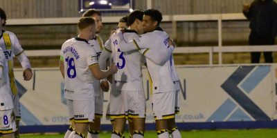 Goal celebrations for Louis Dennis of Torquay United after scoring the opening goal during the National League South Match between Farnborough and Torquay United at Saunders Transport Community Stadium on 5 Nov 2025. Photo: Alan Stanford/PPAUK
