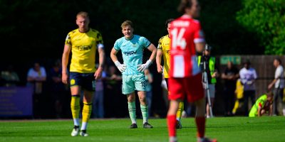 Seb Stacey, Goalkeeper of Torquay United looks dejected after conceding from a penalty during the National League South Playoff Final match between Hornchurch and Torquay United  at Hornchurch Stadium, Upminster on 9 May 2026 - PHOTO: Tom Sandberg/PPAUK