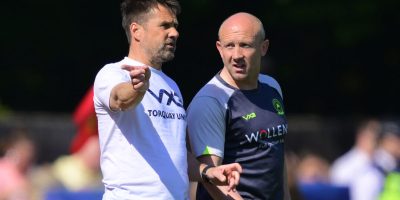 Jimmy Ball, Manager of Torquay United and Darren Way, Coach of Torquay United during the National League South Playoff Final match between Hornchurch and Torquay United  at Hornchurch Stadium, Upminster on 9 May 2026 - PHOTO: Frankie OKeeffe/PPAUK