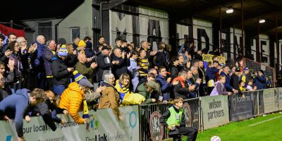 Torquay United fans celebrate their win after the National League South match between Maidenhead United and Torquay United at York Road, Maidenhead on 8 November 2025. Photo: Alan Stanford/PPAUK