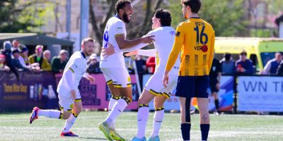 Goal celebrations for Deon Moore of Torquay United during the National League South match between Slough Town and Torquay United at Arbour Park, Slough on Saturday 11th April 2026 - PHOTO: Frankie OKeeffe/PPAUK