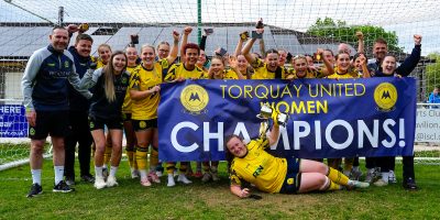 Torquay United Women celebrates they lift the South West Regional Womens Football League Trophy during the Shield Services Group South West Regional Womens Football League match between Sherborne Town Ladies and Torquay United Women at Archie Gooch Pavilion, Ilminster on 10 May 2026 - PHOTO: George Manning/PPAUK