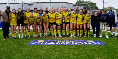 Torquay United Women celebrates winning the South West Regional Womens Football League during the Shield Services Group South West Regional Womens Football League match between Sherborne Town Ladies and Torquay United Women at Archie Gooch Pavilion, Ilminster on 10 May 2026 - PHOTO: George Manning/PPAUK