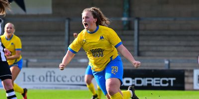 Goal celebrations for  Connie Pengelly of Torquay United Women after beating Emily Hall, Goalkeeper of Sherborne Town Ladies during the South West Regional Womens Football League match between Torquay United Women and Sherborne Town Ladies at Plainmoor Torquay, Devon on Sunday 19th March 2023 - PHOTO: Phil Mingo/PPAUK
