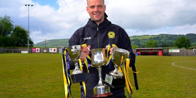 Ryan Perks, Manager of Torquay United Women celebrates after winning the Treble (County Cup, League Cup and League) during the  MJM Sports League Cup Final  Match between Torquay United Women and Poole Town Ladies at Bishops Lydeard FC on 17 May 2026. Photo: Tom Sandberg/PPAUK