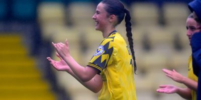 Jess Geach of Torquay United Women celebrates after winning during the Shield Services Group South West Regional Womens Football League Premier match between Torquay United Women and Sherborne Town Ladies at Plainmoor, Torquay on Sunday 14th September 2025 - PHOTO: Frankie OKeeffe/PPAUK