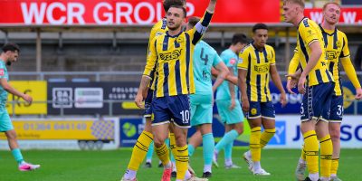 Goal celebrations for Sonny Blu Lo-Everton of Torquay United during the Emirates FA Cup Second Round Qualifying match between Torquay United and AFC Stoneham at Plainmoor, Torquay on Saturday 19th September 2026 - PHOTO: Frankie OKeeffe/PPAUK