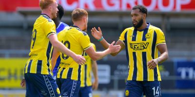 Goal celebrations for Matt Worthington of Torquay United during the pre season friendly match between Torquay United and Cardiff City U21 at Plainmoor Torquay, Devon on Saturday 25th July 2026 - PHOTO: Frankie OKeeffe/PPAUK