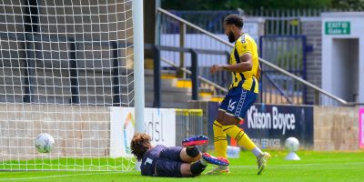 Goal celebrations for Deon Moore of Torquay United during the pre season friendly match between Torquay United and Cardiff City U21 at Plainmoor Torquay, Devon on Saturday 25th July 2026 - PHOTO: Frankie OKeeffe/PPAUK