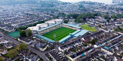 Aerial view of Plainmoor stadium ahead of the National League South Semi Final match between Torquay United and Dorking Wanderers at Plainmoor, Torquay on 2 May 2026 (Photo: Phil Mingo/PPAUK)