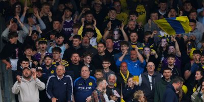 Torquay United fans during the National League South Semi Final match between Torquay United and Dorking Wanderers at Plainmoor, Torquay on 2 May 2026 (Photo: Phil Mingo/PPAUK)