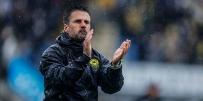 Final whistle celebrations for Jimmy Ball, Manager of Torquay United after the National League South Semi Final match between Torquay United and Dorking Wanderers at Plainmoor, Torquay on 2 May 2026 (Photo: Phil Mingo/PPAUK)