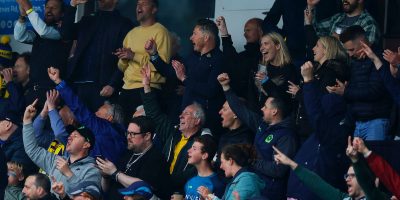 Torquay United fans celebrating the goal of Jordan Young of Torquay United with his second goal during the National League South Semi Final match between Torquay United and Dorking Wanderers at Plainmoor, Torquay on 2 May 2026 (Photo: Phil Mingo/PPAUK)