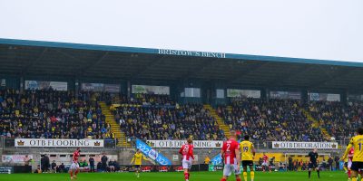 Torquay United fans at a packed Plainmoor during the National League South Semi Final match between Torquay United and Dorking Wanderers at Plainmoor, Torquay on 2 May 2026 (Photo: Frankie OKeeffe/PPAUK)