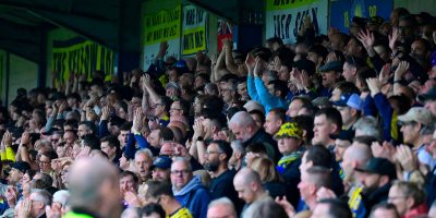 Torquay United fans at a packed Plainmoor during the National League South Semi Final match between Torquay United and Dorking Wanderers at Plainmoor, Torquay on 2 May 2026 (Photo: Frankie OKeeffe/PPAUK)