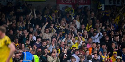 Torquay United fans at a packed Plainmoor during the National League South Semi Final match between Torquay United and Dorking Wanderers at Plainmoor, Torquay on 2 May 2026 (Photo: Frankie OKeeffe/PPAUK)