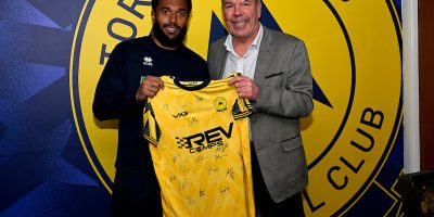 Man of the Match, Deon Moore of Torquay United, during the National League South Semi Final match between Torquay United and Dorking Wanderers at Plainmoor, Torquay on 2 May 2026 (Photo: Frankie OKeeffe/PPAUK)