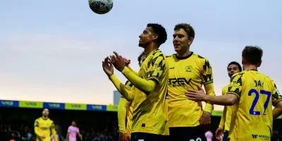 Hat-trick goal celebrations for Louis Dennis of Torquay United during the National League South match between Torquay United and Eastbourne Borough at Plainmoor, Torquay on Saturday 22nd November 2025 - PHOTO: Frankie OKeeffe/PPAUK