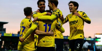 Goal celebrations for Dylan Morgan of Torquay United during the National League South match between Torquay United and Eastbourne Borough at Plainmoor, Torquay on Saturday 22nd November 2025 - PHOTO: Frankie OKeeffe/PPAUK