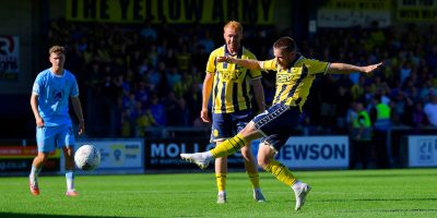Goal celebrations for Matt Jay of Torquay United during the National League South match between Torquay United and Folkestone Invicta at Plainmoor, Torquay on Saturday 5th September 2026 - PHOTO: Frankie OKeeffe/PPAUK