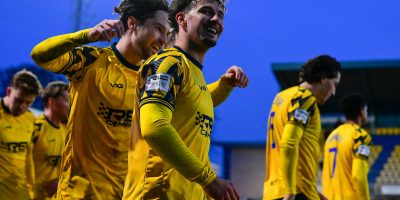 Goal celebrations for Dylan Morgan of Torquay United during the National League South match between Torquay United and Hampton & Richmond at Plainmoor, Torquay on Saturday 10th January 2026 - PHOTO: Frankie OKeeffe/PPAUK