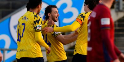 Goal celebrations for Sonny Blu Lo-Everton of Torquay United during the National League South match between Torquay United and Hampton & Richmond at Plainmoor, Torquay on Saturday 10th January 2026 - PHOTO: Frankie OKeeffe/PPAUK