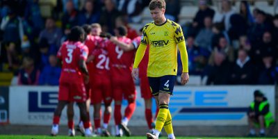 Jordan Dyer of Torquay United looks dejected after conceding during the National League South match between Torquay United and Hemel Hempstead Town at Plainmoor, Torquay on Saturday 18th April 2026 - PHOTO: Frankie OKeeffe/PPAUK
