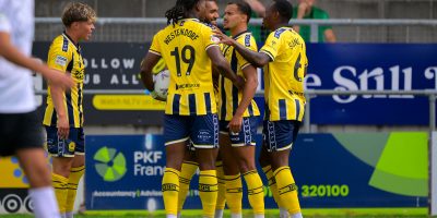 Goal celebrations for Deon Moore of Torquay United during the National League South match between Torquay United and Horsham at Plainmoor, Torquay on Saturday 8th August 2026 - PHOTO: Frankie OKeeffe/PPAUK