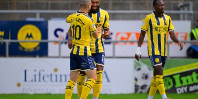 Goal celebrations for Deon Moore of Torquay United during the National League South match between Torquay United and Horsham at Plainmoor, Torquay on Saturday 8th August 2026 - PHOTO: Frankie OKeeffe/PPAUK