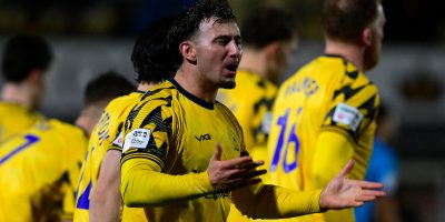 Goal celebrations for Dylan Morgan of Torquay United during the National League South match between Torquay United and Salisbury at Plainmoor, Torquay on Tuesday 10th March 2026 - PHOTO: Frankie OKeeffe/PPAUK