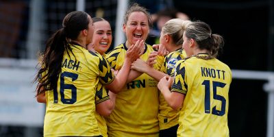Goal celebrations for Tee Kaptein of Torquay United Women to level the score during the South West Regional Women's Football League match between Torquay United Women and Forest Green Rovers Women  at The Rec, Newton Abbot on 22 March 2026 (Photo: Phil Mingo/PPAUK)