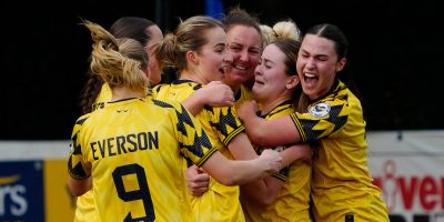 Goal celebrations for Tee Kaptein of Torquay United Women to level the score during the South West Regional Women's Football League match between Torquay United Women and Forest Green Rovers Women  at The Rec, Newton Abbot on 22 March 2026 (Photo: George Manning/PPAUK)