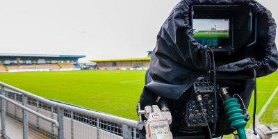 General view of Plainmoor with the ITV cameras ahead of the Emirates FA Cup First Round match between Torquay United and Derby County at Plainmoor Torquay, Devon on Sunday 6th November 2022 - PHOTO: Dave Crawford/PPAUK
