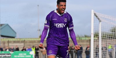 Goal celebrations for Louis Dennis of Torquay United as he scores his second and his side third goal during the National League South Match between Weston Super Mare and Torquay United at The Optima Stadium on 3 April 2026. Photo: Tom Sandberg/PPAUK
