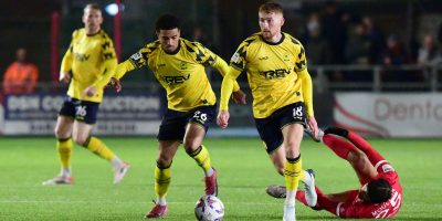 Jordan Thomas Defender of Torquay United and Matt Worthington Midfielder of Torquay United in action during the National League South Match between Worthing and Torquay United at Sussex Transport Community Stadium, Worthing on 24 February 2026 (Photo: Jeff Mood/PPAUK)