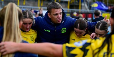 Ryan Perks, Manager of Torquay United Women  gives a team talk after going out of the WFA cup after the Adobe Womens FA Cup match between Torquay United Women and Exeter City Women at Plainmoor, Torquay, 26th October 2025 - PHOTO: Phil Mingo/PPAUK